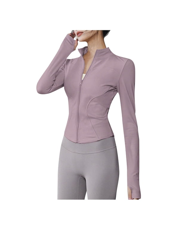 Womens Cropped Workout Jacket Zip up Stretch Lightweight Athletic Running Tops with Thumb Holes