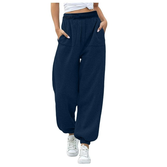 Plebaso Womens Elastic High Waist Sweatpants Casual Plain Baggy Jogger Pants Activewear with Pockets