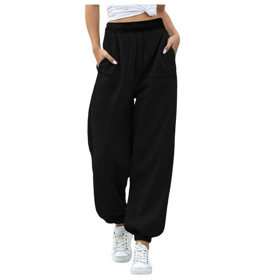 Plebaso Womens Elastic High Waist Sweatpants Casual Plain Baggy Jogger Pants Activewear with Pockets