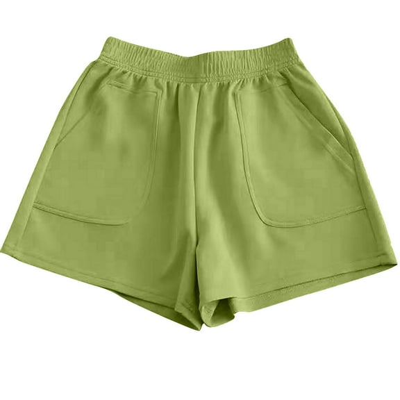 Plebaso Womens Elastic Waist Cotton Shorts Loose Wide Leg Shorts Solid Color Casual Shorts with Pockets