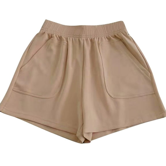 Plebaso Womens Elastic Waist Cotton Shorts Loose Wide Leg Shorts Solid Color Casual Shorts with Pockets