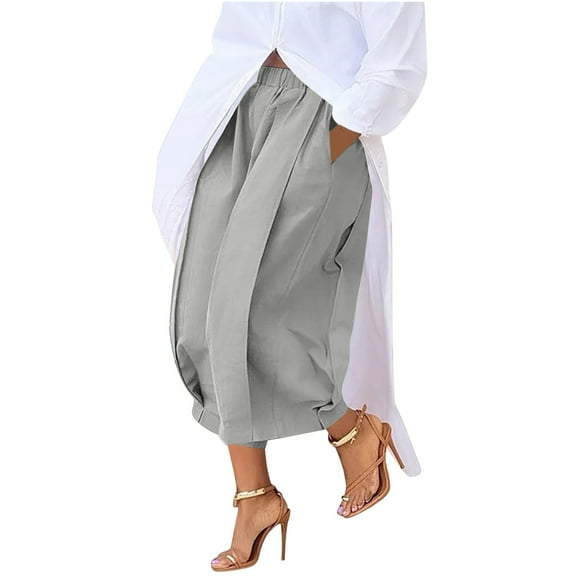 Plebaso Womens Fashion Pants Elastic Waist Wide Leg Cropped Pants Summer Loose Casual Capris with Pockets