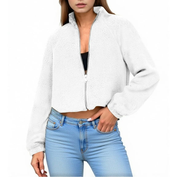 Plebaso Womens Fleece Short Jacket Fuzzy Full Zip Stand Collar Casual Long Sleeve Cropped Coat for Women
