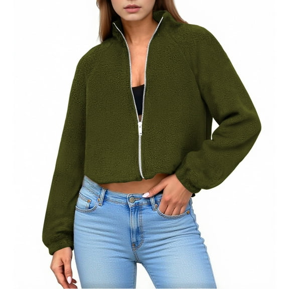 Plebaso Womens Fleece Short Jacket Fuzzy Full Zip Stand Collar Casual Long Sleeve Cropped Coat for Women