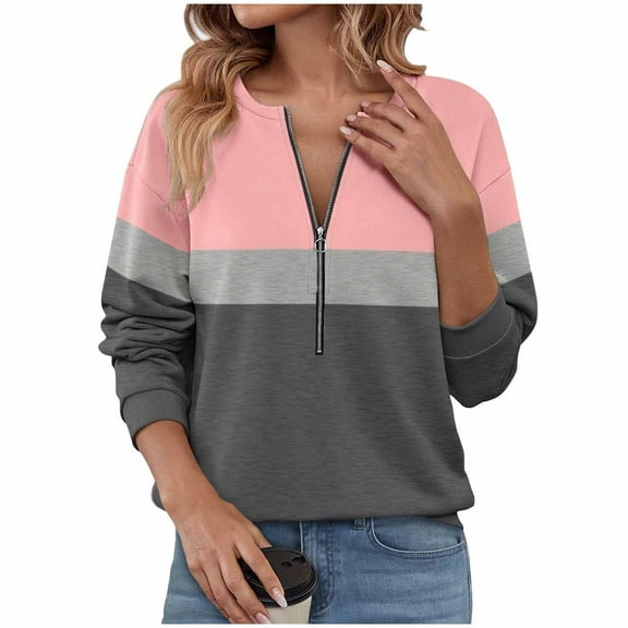 Plebaso Womens Half Zip Sweatshirts 3/4 Sleeve Pullover Shirts Color Block Fashion Tunic Blouses for Women