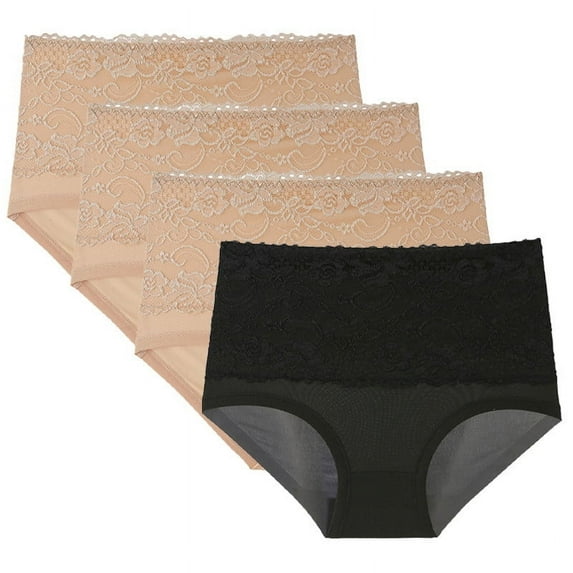 Plebaso Womens High Waisted Underwear Stretch Lace Briefs Ladies Full Coverage Breathable Panties Pack of 4