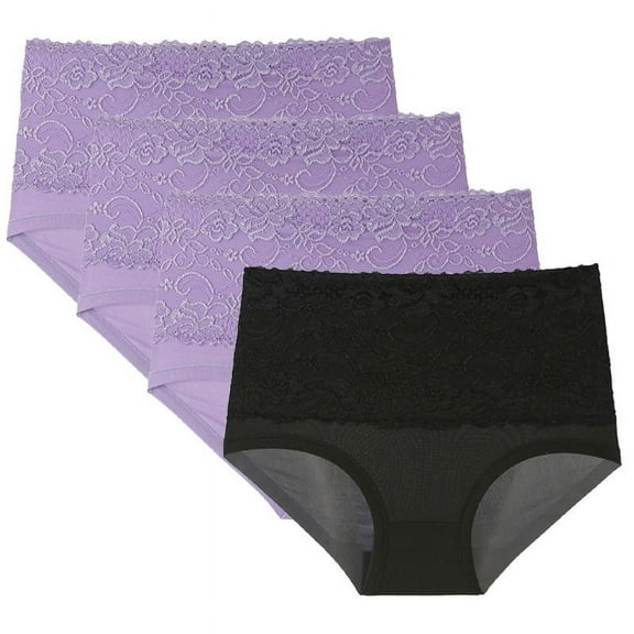 Plebaso Womens High Waisted Underwear Stretch Lace Briefs Ladies Full Coverage Breathable Panties Pack of 4