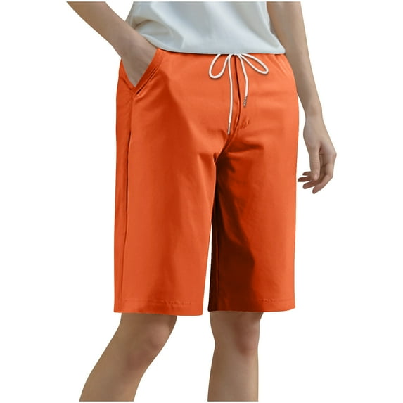 Plebaso Womens Knee Length Casual Shorts Drawstring Solid Color Wide Leg Shorts with Pockets for M-5XL