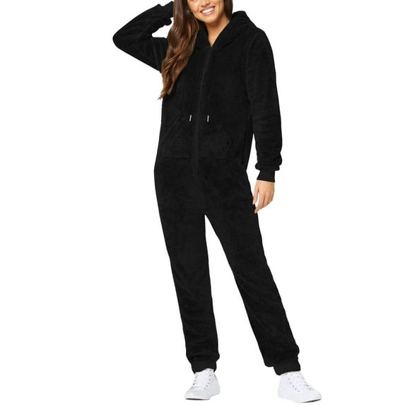 Plebaso Womens Long Sleeve Hooded Pajama Jumpsuit Winter Warm Plush Romper Ladies Casual Long Home Pants