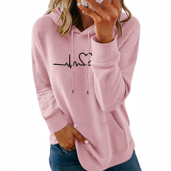 Plebaso Womens Long Sleeve Hoodies Casual Pullover Heart Print Drawstring Hooded Sweatshirt with Pocket