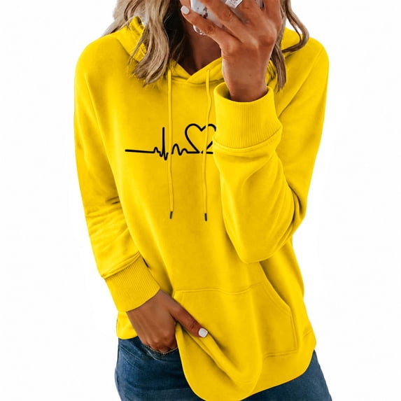 Plebaso Womens Long Sleeve Hoodies Casual Pullover Heart Print Drawstring Hooded Sweatshirt with Pocket