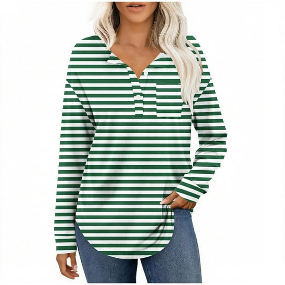 Plebaso Womens Long Sleeve Tunic Tops Casual Button Tshirts Lightweight Striped Blouses Tee for Women