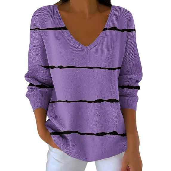 Plebaso Womens Oversized Tops V Neck Long Sleeve Pullover Tops for Women Striped Casual Loose Shirts