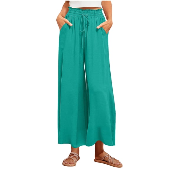 Plebaso Womens Palazzo Pants Flowy Wide Leg Pants with Pockets Drawstring Lightweight Casual Trousers