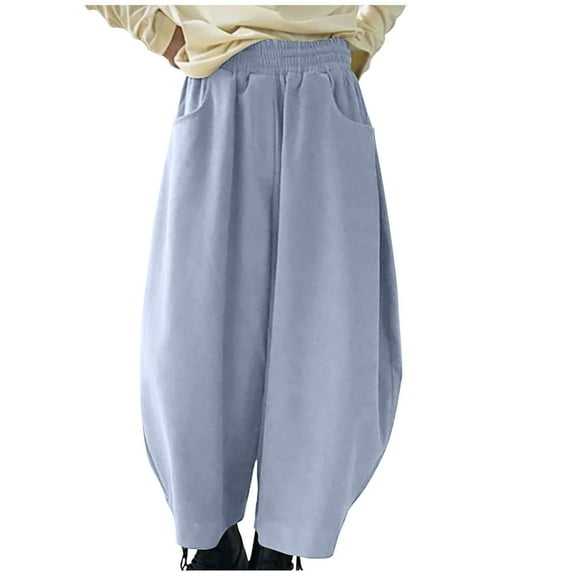 Plebaso Womens Pants 2024 Casual Elastic Waist Solid Color Wide Leg Pants with Pockets Ladies Loose Sports Jogger Pants