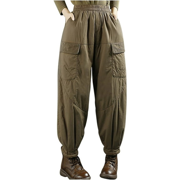Plebaso Womens Pants Casual Cotton Elastic Waist Solid Color Warmth Pants with Pockets Ladies Loose Full Length Pants