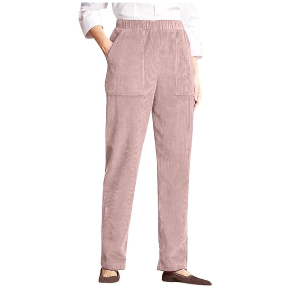 Plebaso Womens Pants Casual Solid Color Elastic Waist Corduroy Pants with Pockets Ladies Loose Straight Leg Pants
