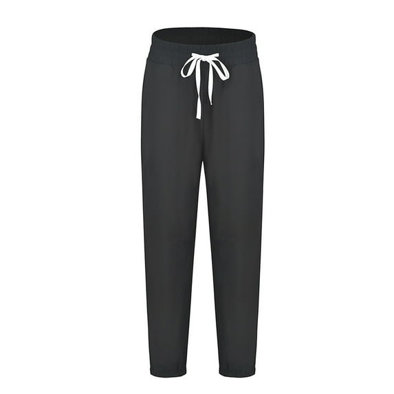 Plebaso Womens Pants Elastic Waist Solid Color Lace-up Straight Baggy Cinch Bottom Pants Ladies Casual Loose Trousers