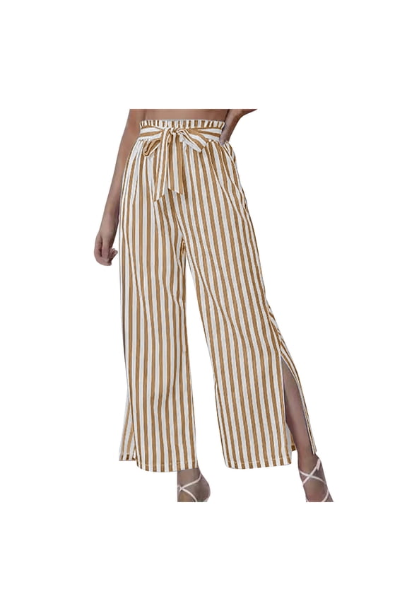 Womens Pants Loose Stripe Printed Split Hem Pants Ladies Casual Lounge Straight Leg Pants