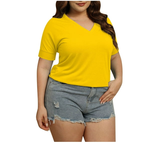 Plebaso Womens Plus Size Tops Casual V Neck Short Sleeve Tunics Summer Loose Basic Tee Shirts for Women