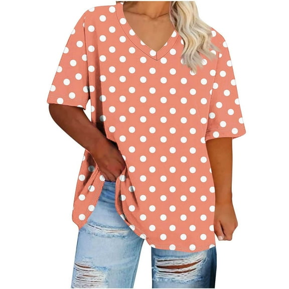 Plebaso Womens Plus Size Tops Short Sleeve Polka Dot Print Basic V Neck Tee Summer Graphic Tee for Women