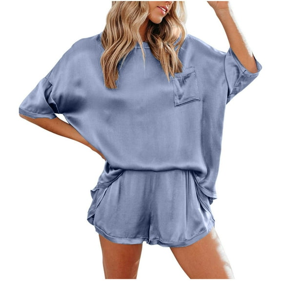 Plebaso Womens Satin Pajamas Set of 2 Silk Short Sleeve Sleepwear Tops and Pjs Shorts Lounge Set Loungewear