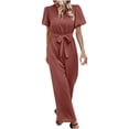 thumbnail image 1 of Plebaso Womens Short Sleeve Round Neck Jumpsuit Spring Summer Solid Color Lace-up Romper Ladies Casual Long Pants, 1 of 5