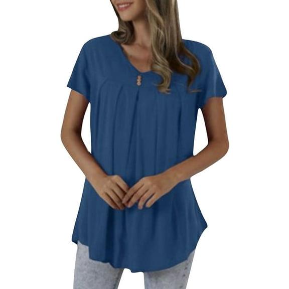 Plebaso Womens Short Sleeve Shirts Pleated Round Neck Summer Casual Dressy Blouses Flowy Tunic Tops