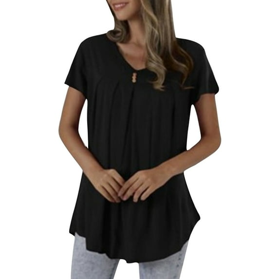 Plebaso Womens Short Sleeve Shirts Pleated Round Neck Summer Casual Dressy Blouses Flowy Tunic Tops