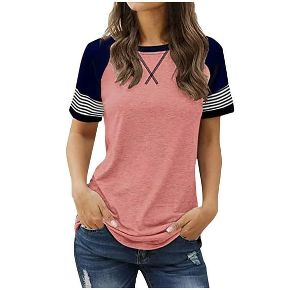 Plebaso Womens Short Sleeve Tee Shirts Striped Color Block Graphic Tops Loose Soft Summer T-Shirts