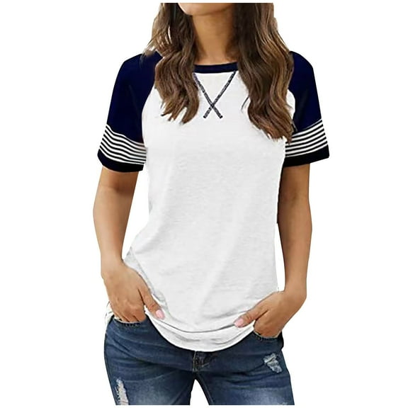 Plebaso Womens Short Sleeve Tee Shirts Striped Color Block Graphic Tops Loose Soft Summer T-Shirts