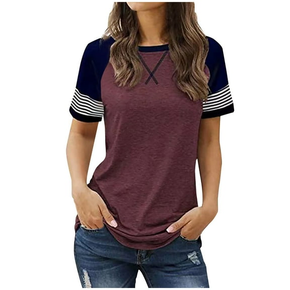 Plebaso Womens Short Sleeve Tee Shirts Striped Color Block Graphic Tops Loose Soft Summer T-Shirts