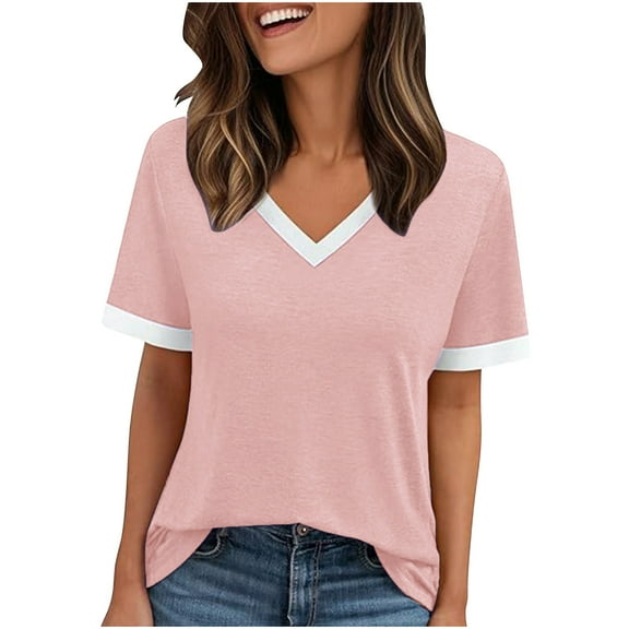 Plebaso Womens Short Sleeve Tops V Neck Color Block Casual Summer T-Shirts Soft Basic Tee Womens Clothes