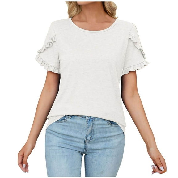 Plebaso Womens Short Sleeve Tunic Top with Ruffle Trim Crew Neck Casual Summer T-Shirt Women's Blouses