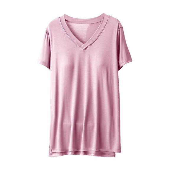 Plebaso Womens Soft Pajama Tops Loose V Neck Short Sleeve Shirts Causal Summer Sleep T-Shirts for Women