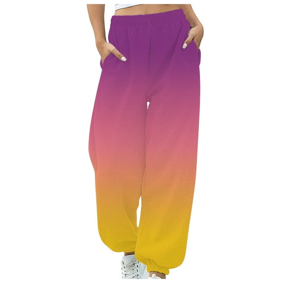 Plebaso Womens Sports Sweatpants Loose Elastic Waist Gradient Color Straight-Leg Pants Ladies Casual Long Trousers
