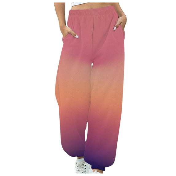 Plebaso Womens Sports Sweatpants Loose Elastic Waist Gradient Color Straight-Leg Pants Ladies Casual Long Trousers