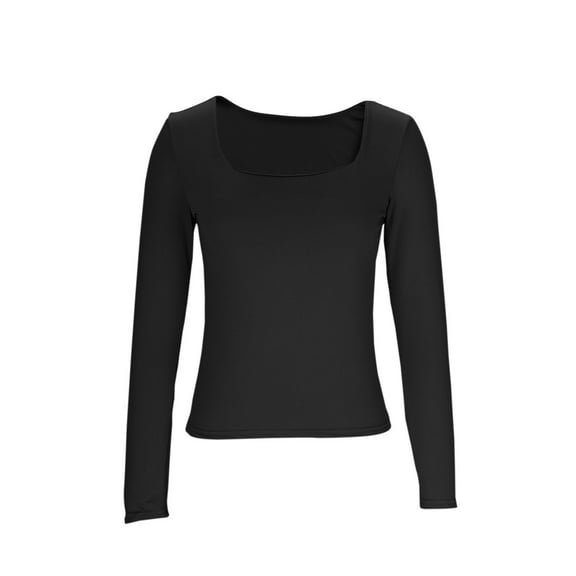 Plebaso Womens Square Neck Long Sleeve T Shirts Casual Basic Tees Lightweight Solid Color Undershirts