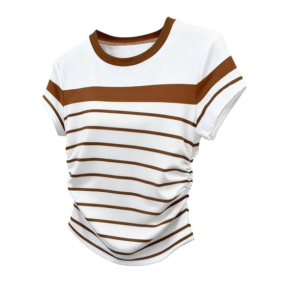 Plebaso Womens Summer Tops Short Sleeve Side Ruched Tee Shirts Casual Crew Neck Color Block T Shirts