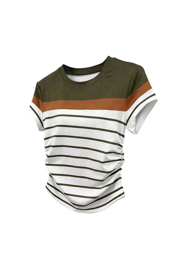 Womens Summer Tops Short Sleeve Side Ruched Tee Shirts Casual Crew Neck Color Block T Shirts