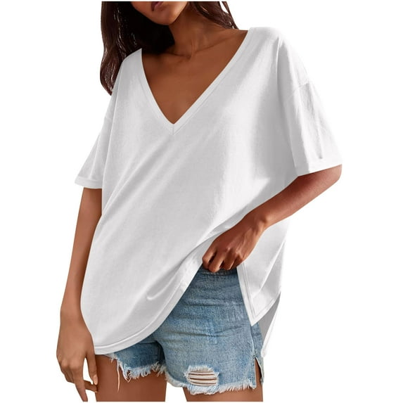 Plebaso Womens Summer Tops Short Sleeve V Neck Oversized T Shirts Athletic Workout Tee Shirts Activewear