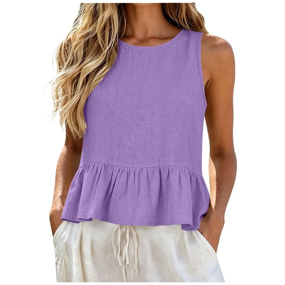 Plebaso Womens Tank Tops Ruffle Hem Cotton Linen Shirts Sleeveless Cute Beach Vacation Summer Blouses