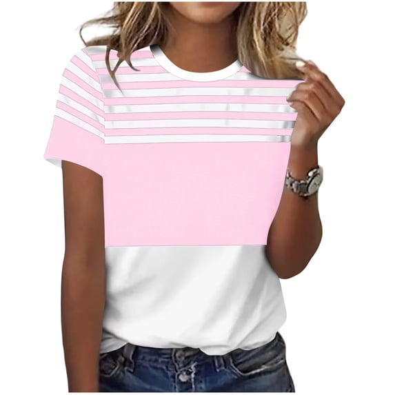 Plebaso Womens Tops Summer Short Sleeve Crew Neck T Shirts Color Block Casual Blouses Tees for Women