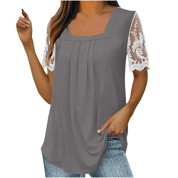 Plebaso Womens Tops Trendy Lace Short Sleeve Pleated Square Neck Tunic Top Casual Dressy Blouse for Women