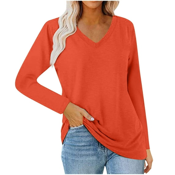 Plebaso Womens V Neck Long Sleeve Tops Casual Loose Tunic Tops Lightweight Solid Color Blouses for Women