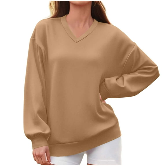 Plebaso Womens V Neck Sweatshirts Long Sleeve Pullover for Women Casual Loose Solid Color Sweatshirts
