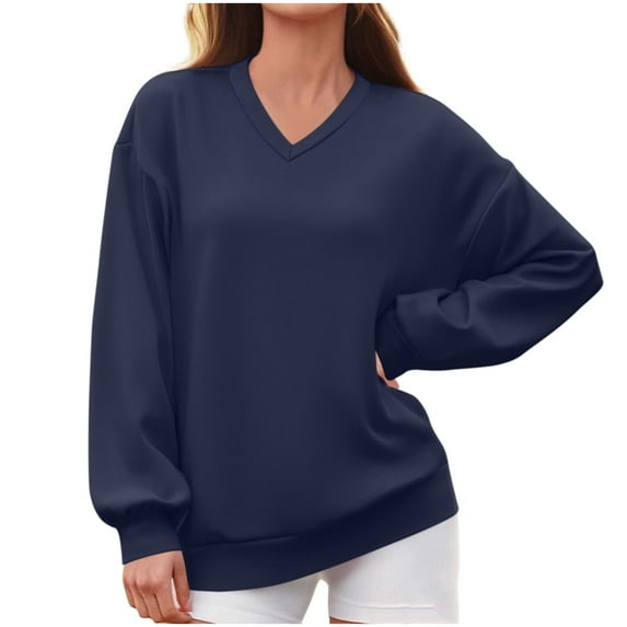 Plebaso Womens V Neck Sweatshirts Long Sleeve Pullover for Women Casual Loose Solid Color Sweatshirts