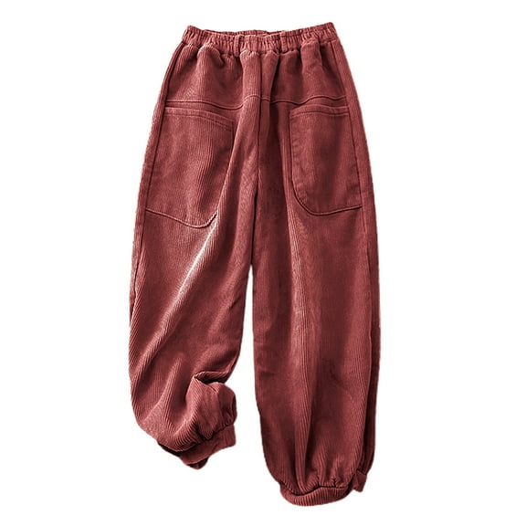 Plebaso Womens Vintage Corduroy Pants Loose Solid Color Elastic Waist Straight-leg Pants Ladies Casual Pants with Pockets