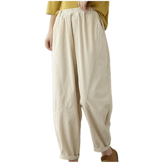 Plebaso Womens Vintage Corduroy Pants Loose Solid Color Elastic Waist Straight-leg Pants Ladies Casual Pants with Pockets