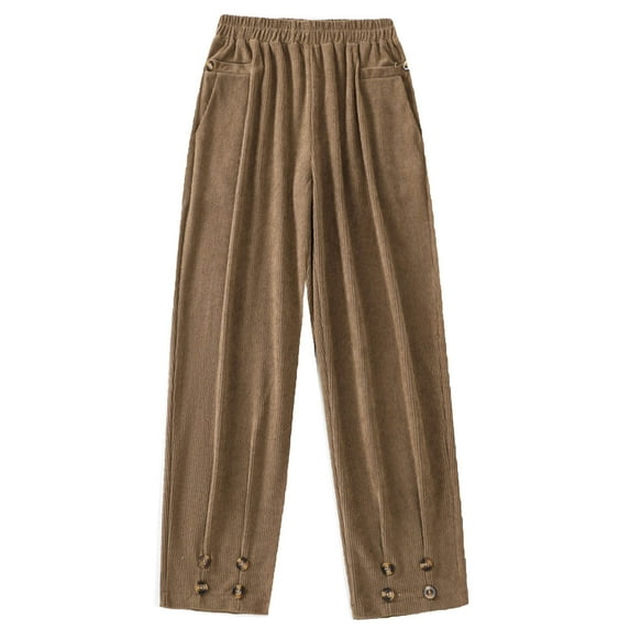 Plebaso Womens Vintage Corduroy Pants Loose Solid Color Elastic Waist Straight-leg Pants with Pockets